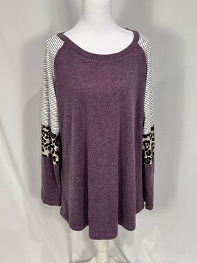 Purple Raglan Sleeve Mixed-Print Long Sleeve Top